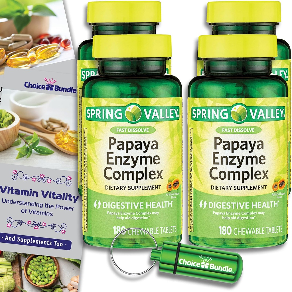 Spring Valley Papaya Enzyme Complex Chewable Tablets Digestive Health 180 Ct 4 pk (720 Total) + Vitamin Vitality & Pill Container (6 Items)!