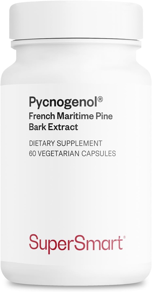 Supersmart - Pycnogenol 200mg per dag (Patenteret & Højt biotilgængeligt) - Fransk Maritime Pine Bark Extract Name 124; Non- GMO & Gluten Free - 60 vegetariske kapsler