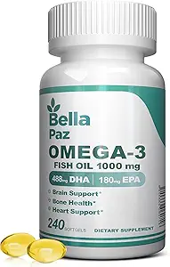Omega 3 FishOil Supplements - 1000mg FishOil 788 mg Omega-3 Fedtsyre Burpless, 488 DHA & 180 EPA for Muskelben Hjernestøtte og sundhed, Kosttilskud til mænd og kvinder, 240 Softgels