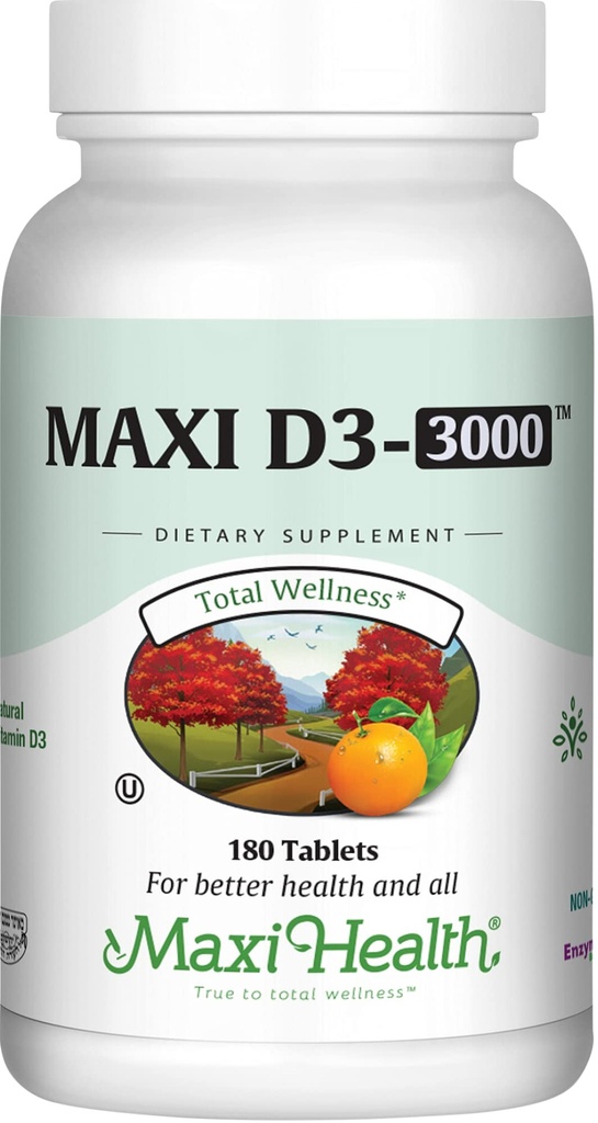 Maxi Health D3 3000 IE 75 mcg vitamin D supplement til sunde knogler, tænder, immunforsvar - VIT D3 supplement let at synke non-GMO, supplement til mænd og kvinder - Kosher (180 tabletter)