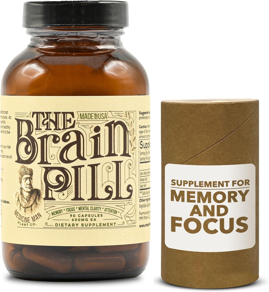 Den Brain Pill 90 Kapsler - Organic Brain Booster Supplement - Hukommelsespiller til Brain w / Ginkgo Biloba Kapsler, Lions Mane & Sage - Brain Booster Supplement for fokus, hukommelse, Clarity, energi