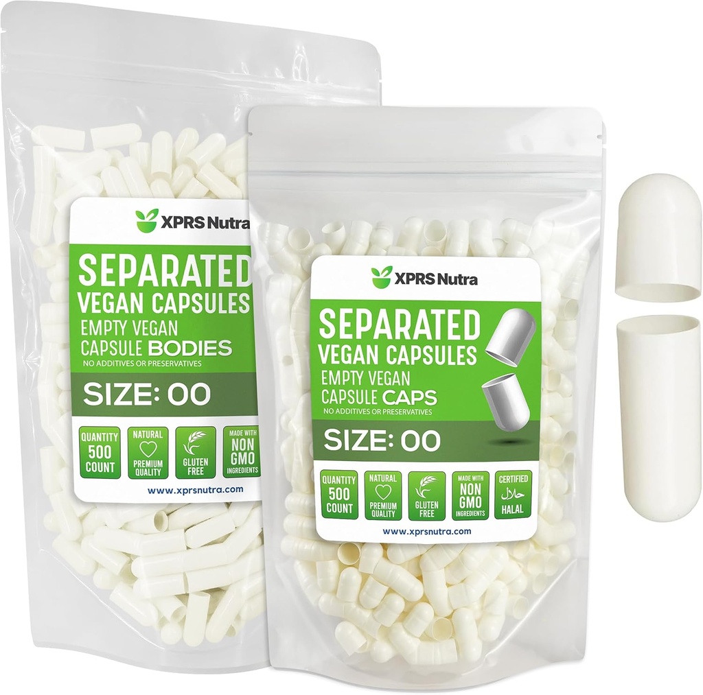 XPRS Nutra Vegan Størrelse 00 Separated Kapsler - 500 Grev Premium Tomme Kapsler Separeret i poser - 00 Piller Tom for DIY Supplement Fyldning (hvid)