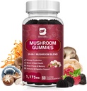 Mushroom Gummies, 20 i 1 Lions Mane Mushroom Complex tillæg med Reishi, Chaga, Cordyceps & mere til voksne, støtte til hjerne, fokus, kognitiv og immunforsvar, Vegan, Raspberry Flavor, 60 Greve
