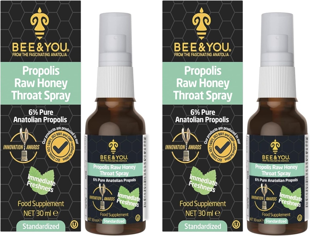 Bee and You Raw Honey Throat Spray, 100% Pure Propolis Extract, Immunity Support, Sore Throat & Congestion Relief, Oral Health, Antioxidants, Natural, Keto, Paleo, Gluten- Free Buddy 124; 1 FL Oz (pakke med 2)
