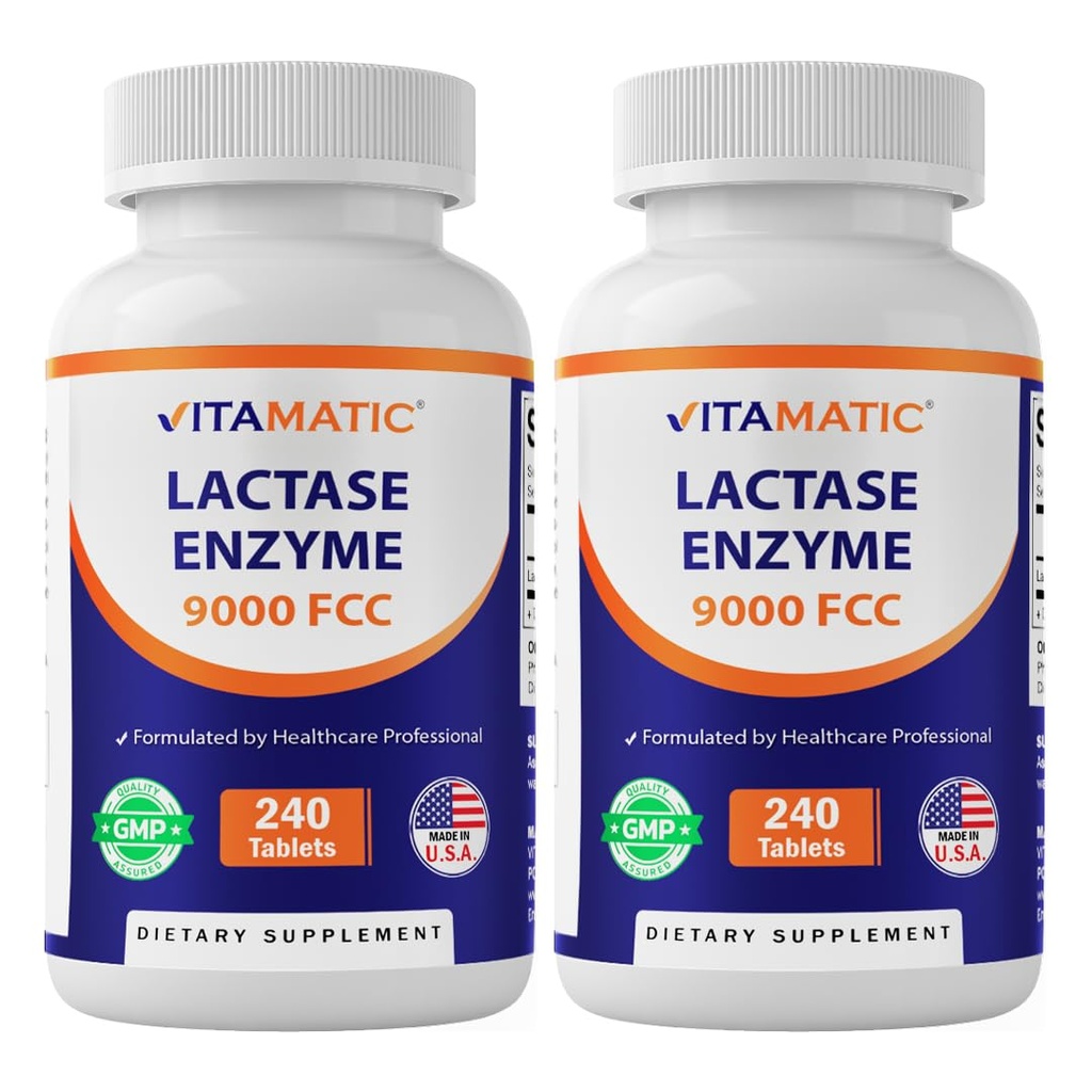 Vitamatic Lactase Enzyme 9000 FCC 240 Tablets - Lactose Intolerance Relief Caplets- 2 Pack