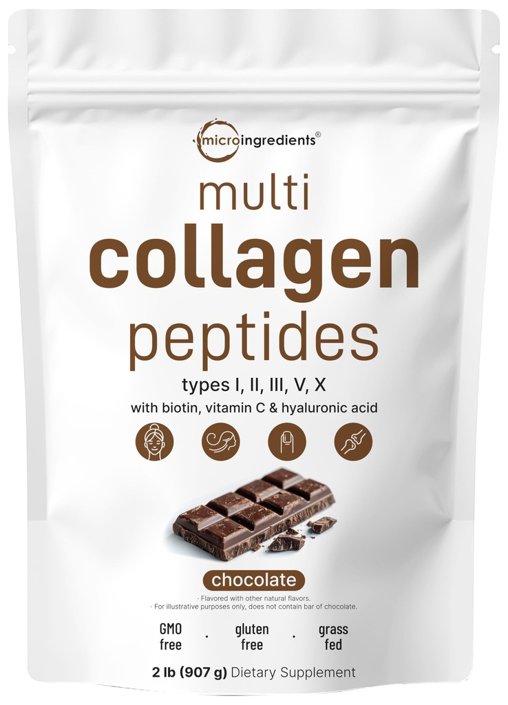 Micro Ingredients Multi Collagen Peptider Powder, 2lb Yep 124; Type I, II, III, V, X + Biotin, C-vitamin & hyaluronsyre; Chokolade Flavor 124; Understøtter hår, hud & fælles sundhed Mep 124; Keto, Non- GMO