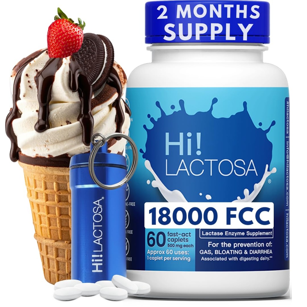 18,000FCC Pill with 60 caplets. Extra Strength Lactose Intolerance Enzyme Dairy Pill, Extra Thin, Portable, Easy Swallow. Works with Popcorn, Yogurt, Cheese, Seeds, Milk, Beans & More.