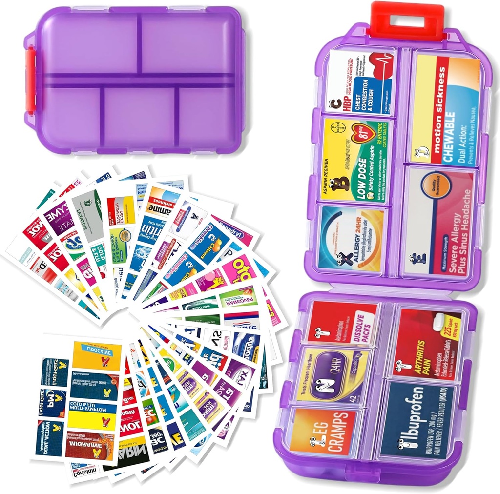 Pill Organizer med Medicine Labels Travel Daily Pill Container Mini Medication Organizer Storage Pill Organizer Travel Essentials Pill Case 7 Dag (Lilla & 161 Lables)