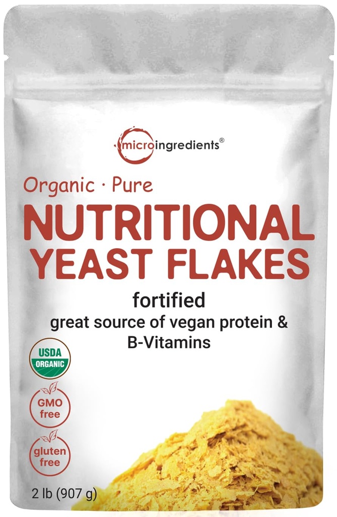 Micro Ingredients Organic Fornicated Gær Flakes, 2lb (32oz) - 124; Rich in Vegan Protein, B Vitamin, & Beta- Glucans - 124; Keto Friendly, Dairy Free Ost Substitute, Non-GMO, Gluten Free