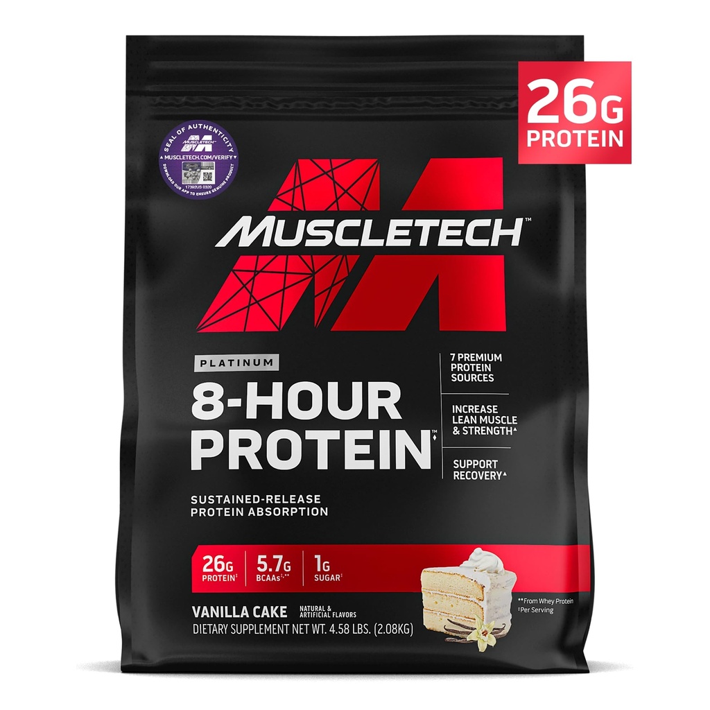 MuscleTech Platinum 8- Hour Protein Powder - 7 Premium Protein Kilder med Whey & Casein Protein for Øget Lean Muscle, Styrke & Forbedret Inddrivelse - Vanilla Cake, 50 Servere