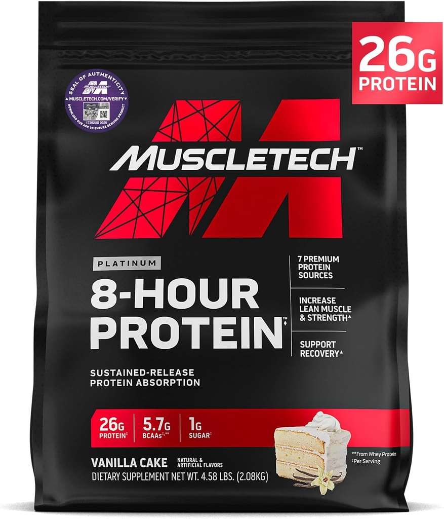 MuscleTech Platinum 8- Hour Protein Powder - 7 Premium Protein Kilder med Whey & Casein Protein for Øget Lean Muscle, Styrke & Forbedret Inddrivelse - Vanilla Cake, 50 Servere