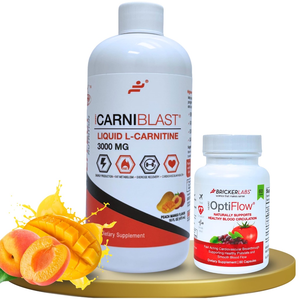 Bricker Labs Power and Performance Duo: Carniblast Liquid L- Carnitin 3000 mg & Optiflow Blood Flow Supplement, 60 kapsler
