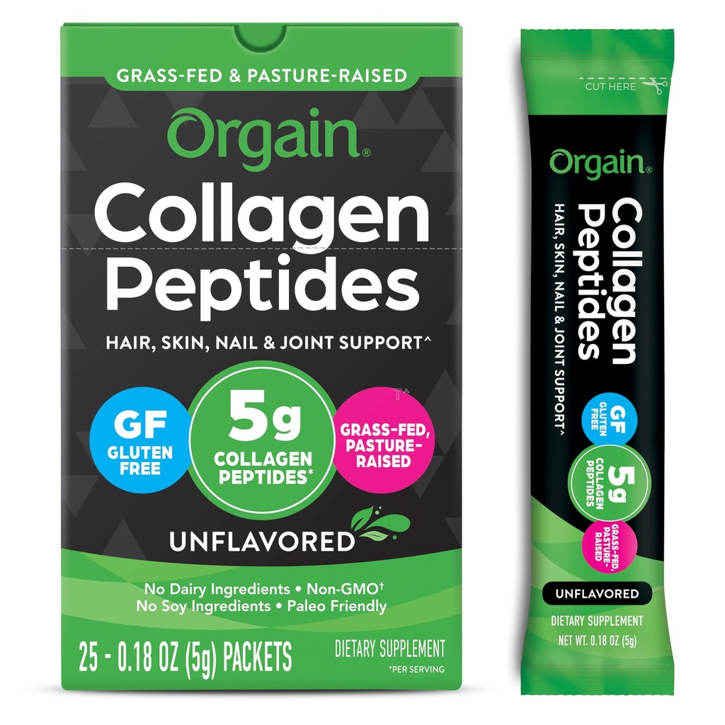 Orgain Hydrolyzed Collagen Peptider Rejsepakker til kvinder & mænd - 5g Grass Fed Collagen Per Servering, hår, hud, negl & fælles Support, Non- GMO, Type I & III - Unflavored (25 Greve)