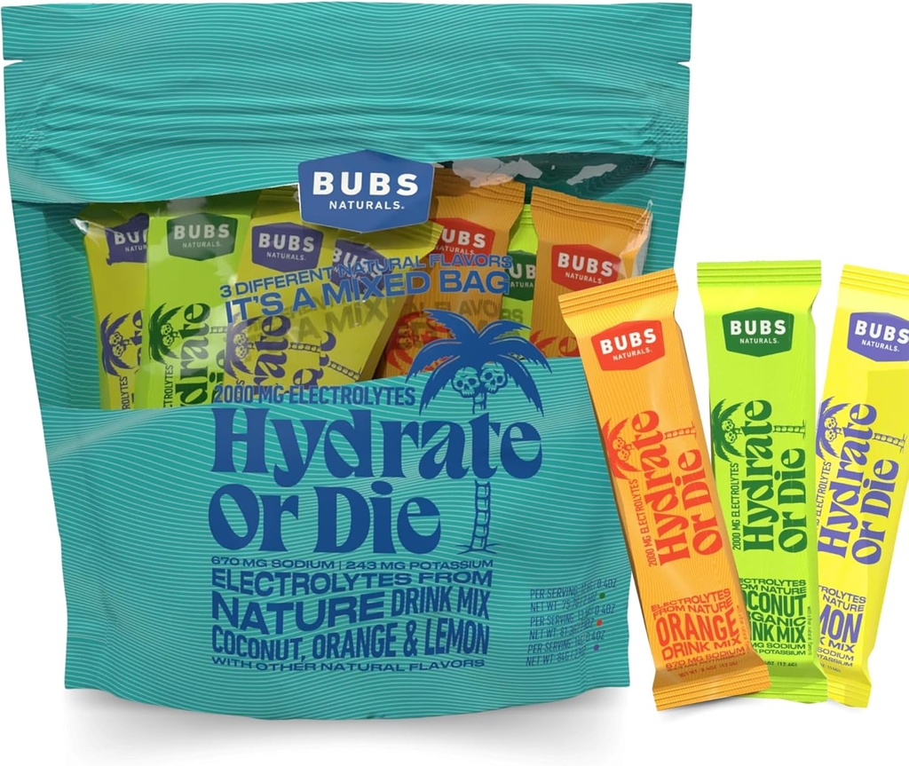 BUBS Naturals Hydration Powder Variety Pack Hydrate eller Die Electrolyte Powder, All- Natural, Keto- Friendly, Gluten- Free, & Ingen sukker Tilføjet, øger energi & Stamina forbedrer inddrivelse, 18 Serveringer