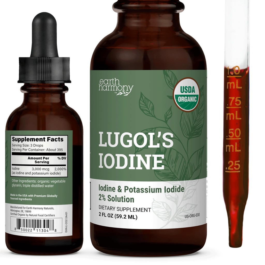 Organic Lugol 's Jod, Jod og Kalium Jodide 2% Løsning 3000 mcg - Flydende supplement Drops til Thyroid Support til kvinder & mænd, Metabolisme Sundhed, Detox Boost - Non- GMO, 395 Servere (2 Oz)
