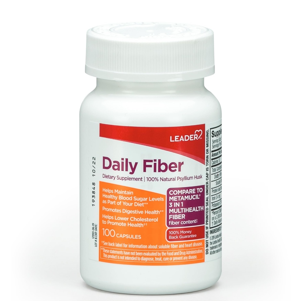 Leader Daily Psyllium Husk Powder Supplement, 3-in-1 Fiber for Digestive Health, Plant Based, 100% Natural, Compare to Metamucil Multihealth, 100 Capsules, Pack of 1