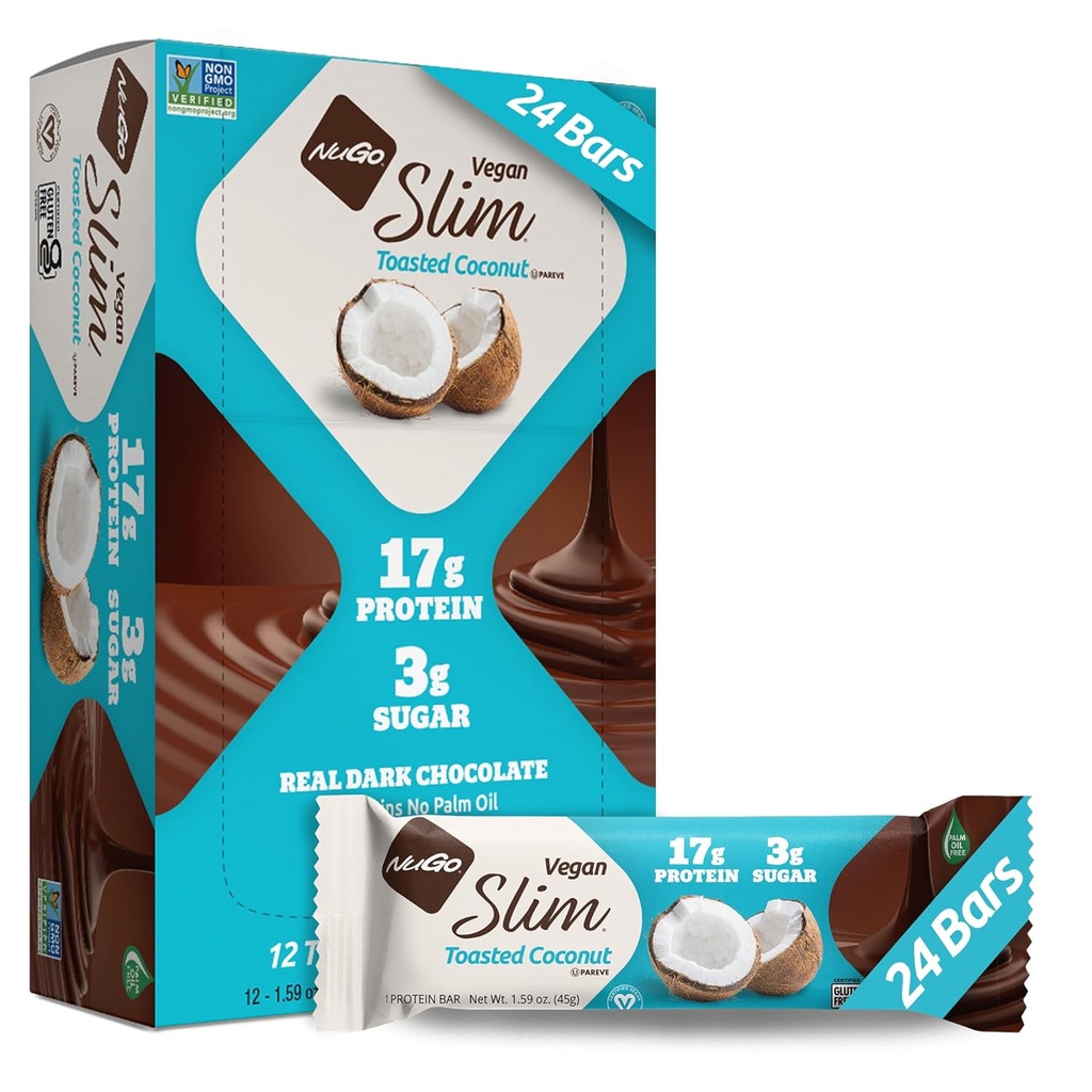 Nugo Slim Dark Chocolate Toasted Coconut, 16g Vegansk Protein, 3g Sukker, 7g Fiber, Low Net Carb, Keto Friendly, Gluten Free, 24 Greve