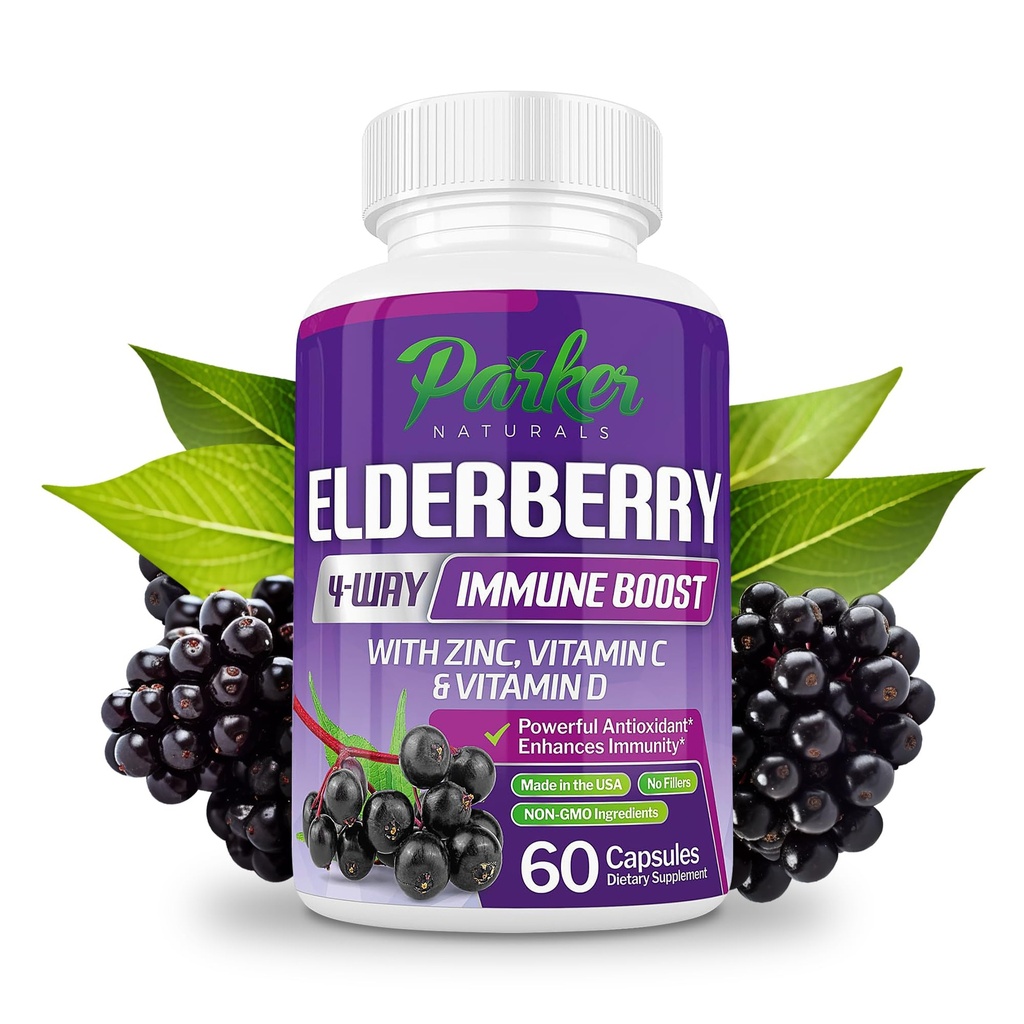 Parker Naturals Organic Elderberry Kapsler, 4- Way ImmunoBoost Elderberries, Vitaminer C, D & Zink Support, 1260.1 mg Elderberry Kosttilskud til voksne, 60 Kapsler