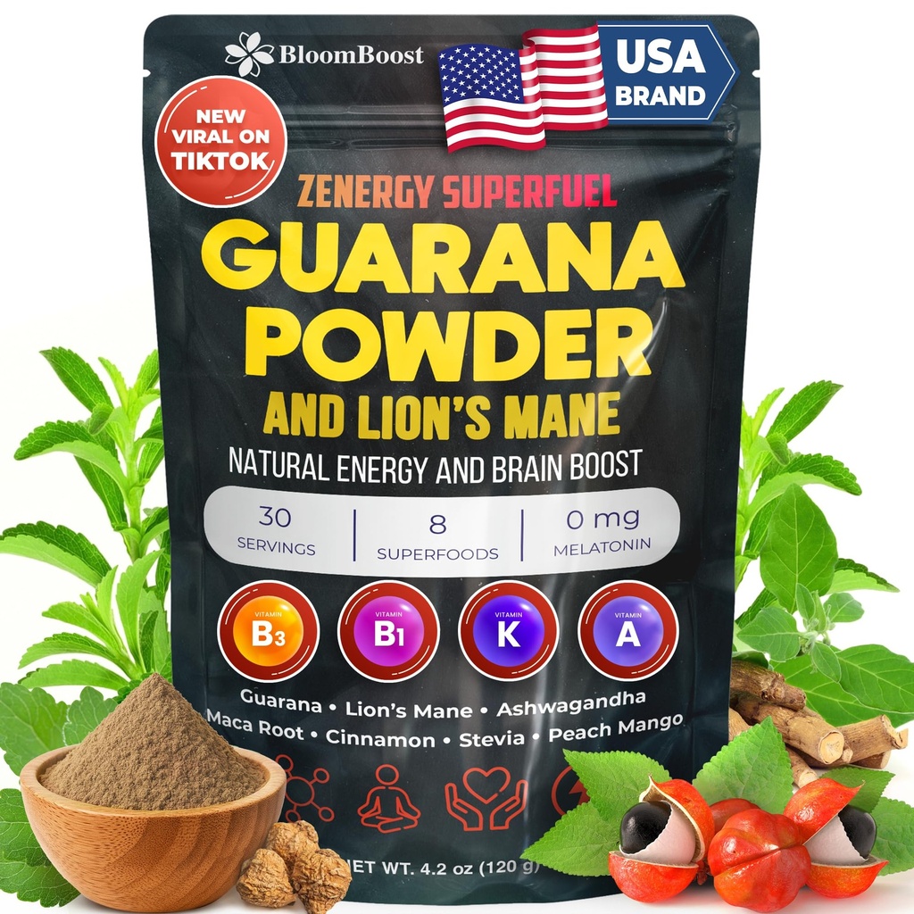 BloomBoost Guarana Powder 1,000mg Per Serv - Lion’s Mane, Ashwagandha, Maca,... Natural Caffeine Energizer, Brazilian Herbal Extract, Bulk Superfood, Vegan Friendly, & Non-GMO - 4.2oz (30 Servings)