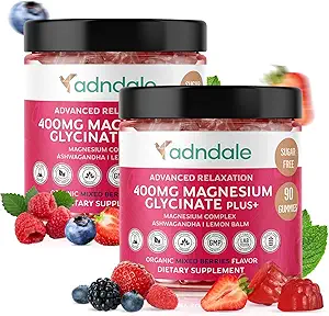 Adndale 180 CT Magnesium Glycinate Gummies 400 mg / Serv, med Ashwagandha, Magnesium Malate & Taurate, Sukker Free Chews for voksne & Børn.