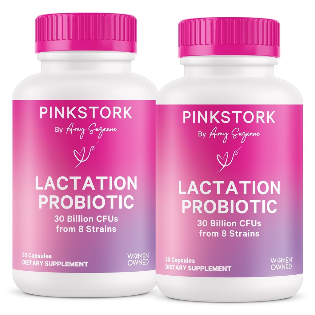 Pink Stork Amning Probiotik - 30 milliarder CFU 'er Multi Strain Postnatal Probiotika til Amning Kvinder - Støtte Brystmælk & Gut Sundhed, Postpartum Essentials, 60 kapsler