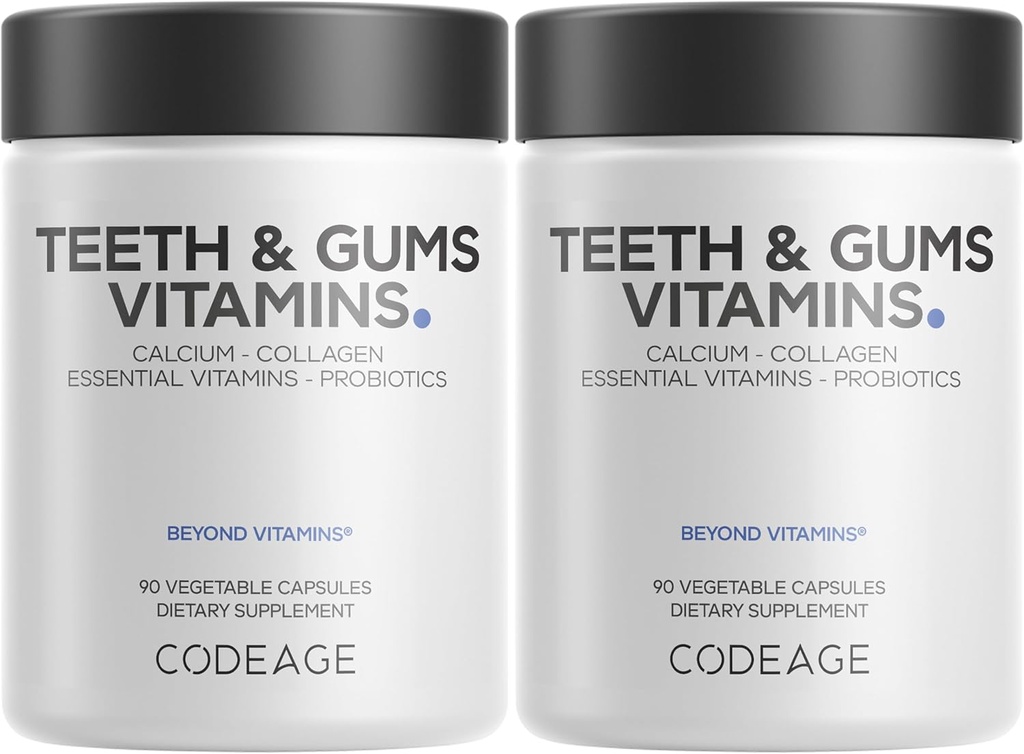 Codeage Teeth & Gums Vitamins + Oral Probiotics Supplement for Mouth - Whole Food Calcium, Collagen, Potassium, Vitamin C, D3, K2, Zinc – Oral Care & Dental Multivitamin Supplements - 2 Pack