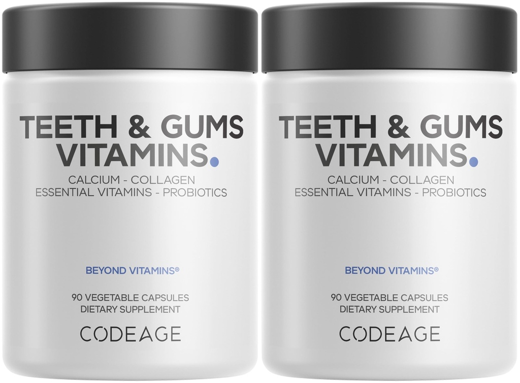 Kodeage Tænder & Gummer Vitamin + Oral Probiotika Supplement for mund - Hel Food Calcium, Collagen, Kalium, C-vitamin, D3, K2, Zink - Oral Care & Dental Multivitamin Kosttilskud - 2 Pack