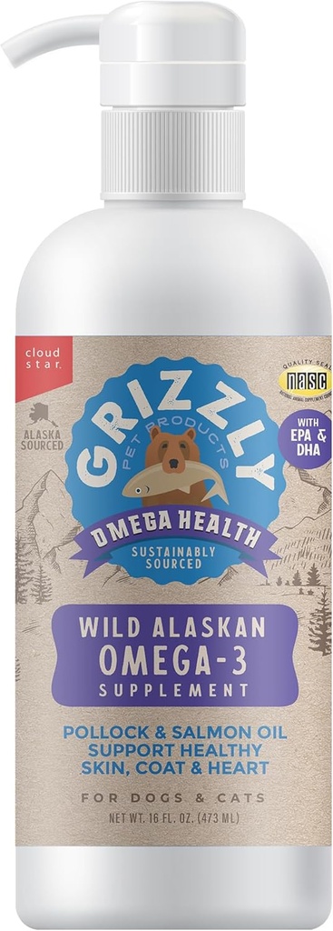 Grizzly Pet Products Omega Health Liquid Omega-3 Supplement for Dogs and Cats, 16 Ounce Bottle