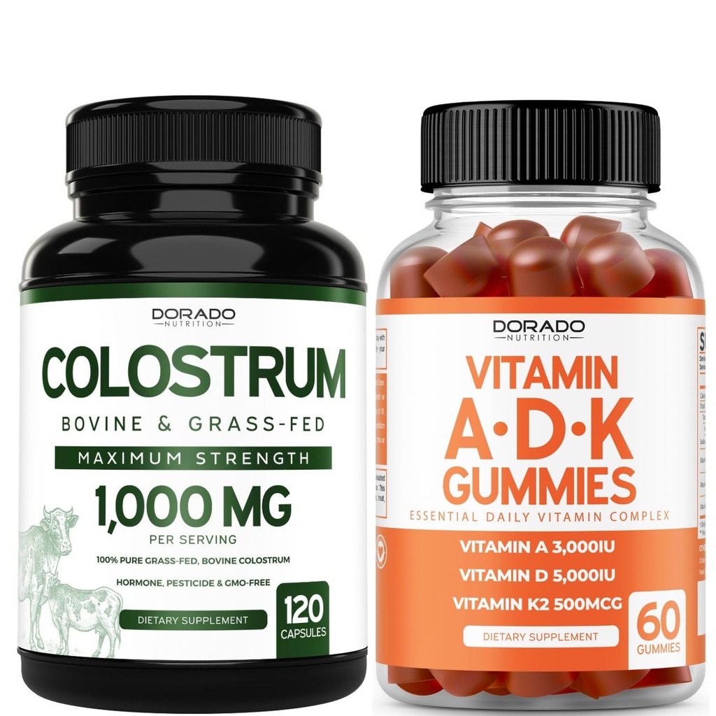 Colostrum (120 Greve) Bovin Colostrum Kapsler Supplement for voksne og ADK Vitamin D3 (60 Gummies) D & K - 10 Vegan Supplement - Lækker Raspberry Flavor - Ikke GMO Tredjeparts testet - USA Made