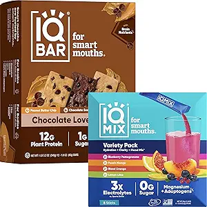 IQBAR Brain og Body Keto Protein Bars - 12 Count Chocolate Lovers Variety Low Carb, Vegan Bars & IQMIX Sukker Free Electrolyte Powder Pacets - 8 Count Sampler Pack Keto Electrolytes med Lions Mane