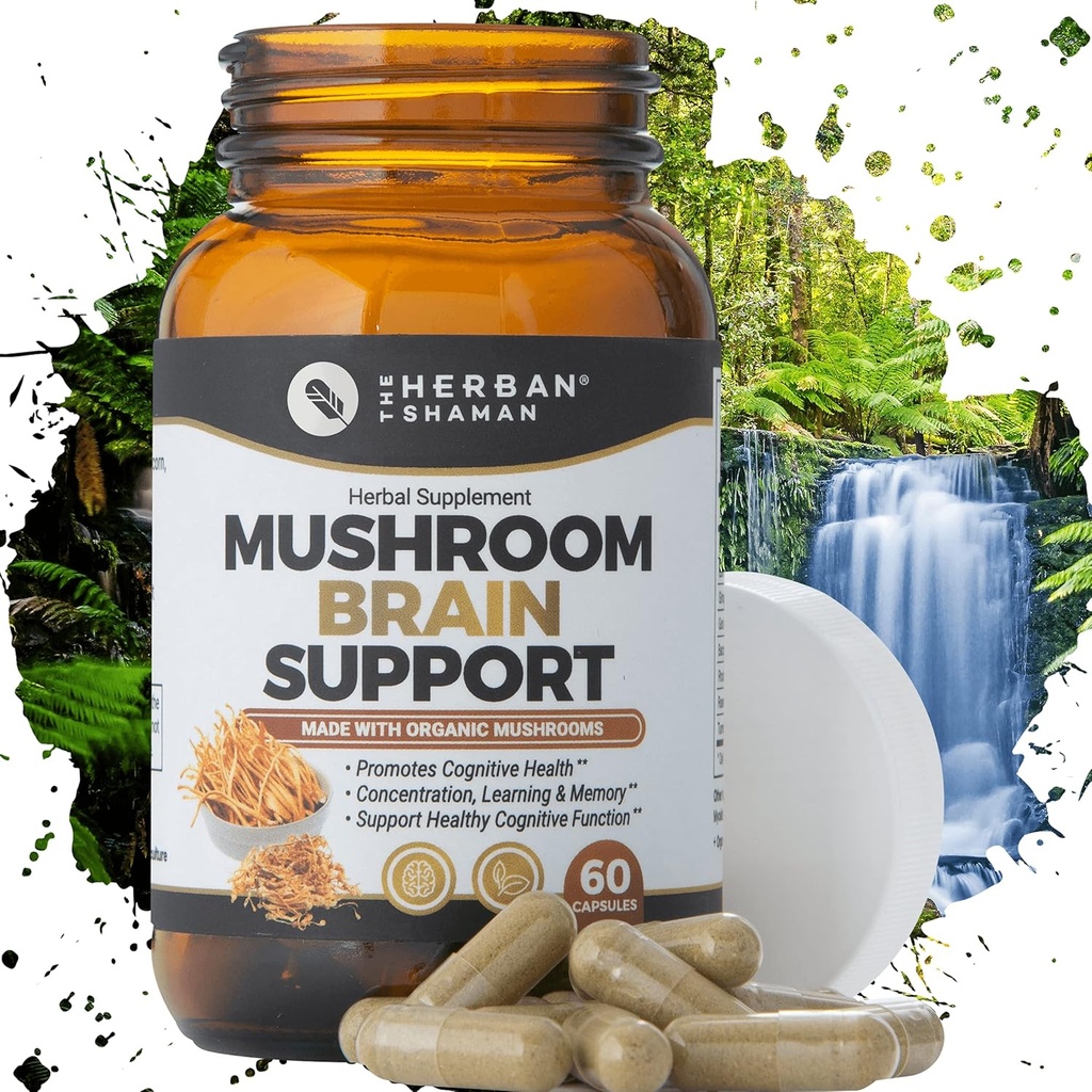 Mushroom supplement Hjerne Support 124; Organic Lions Mane, Cordyceps, Ginkgo Leaf, Gotu Kola + Mere Budd124; Naturlige Urtetilskud (60 kapsler)