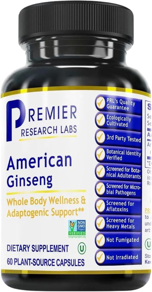 Premier Research Labs American Ginseng Supplement - Amerikanske Ginseng Kapsler, Herbal Ginseng Root Pills, Nordamerikanske Ginseng Herb Extract, Calming Energy Supplement - 60 Plantbaserede Kapsler