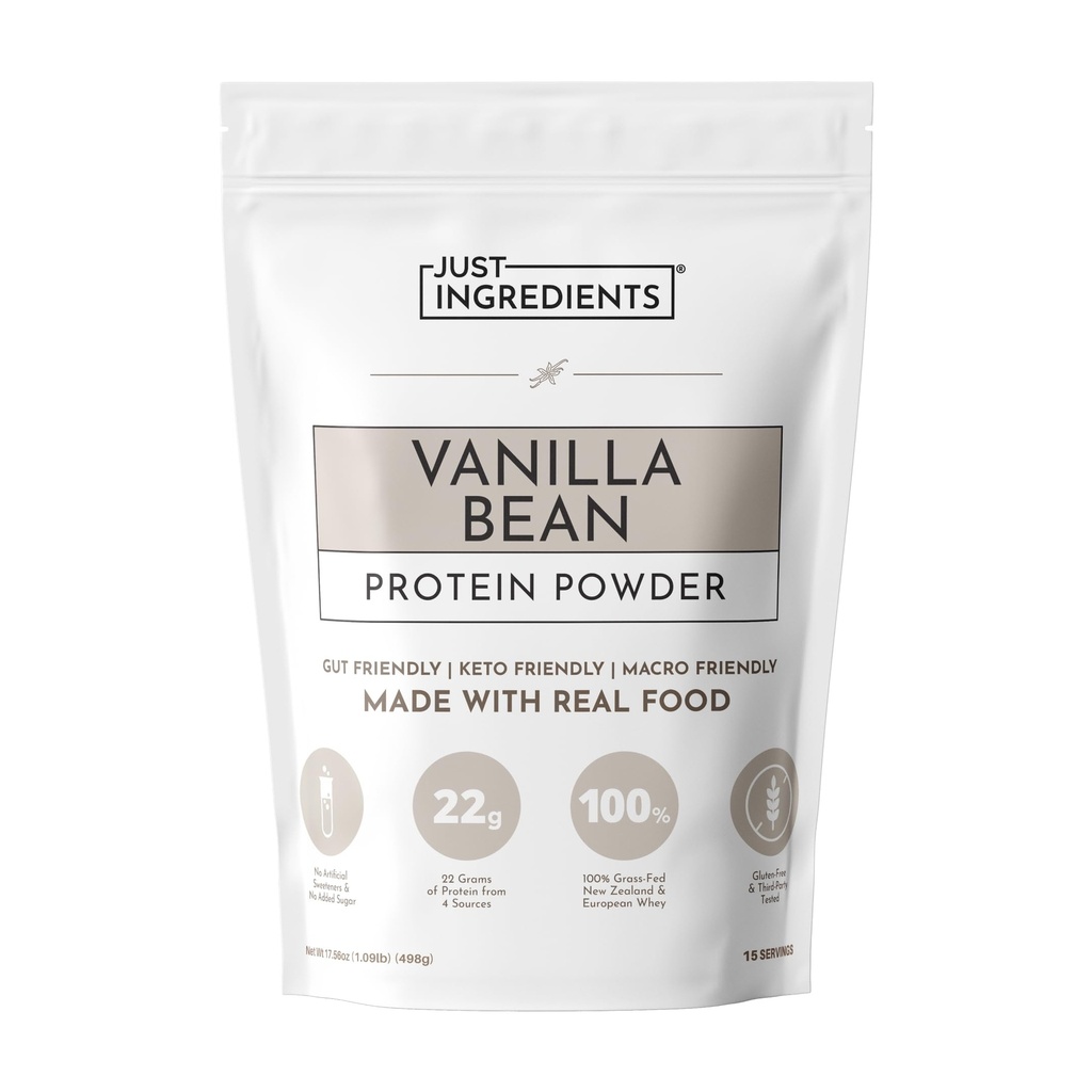 JUST INGREDIENTS Vanilla Protein Powder - Grass-Fed Whey Blend, Organic, Gluten Free, Dairy Free, Soy Free - 15 Servings, 22g Protein
