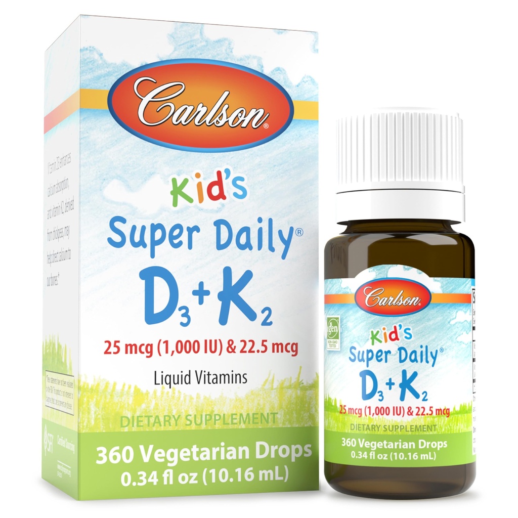 Carlson - Kid 's Super Daily D3 + K2, 25 mcg (1000 IE) D3 & 22,5 mcg K2, D-vitamin dråber med vitamin K2, flydende vitaminer, 1000 IE D-vitamin D3, hjerte & ben sundhed, 1- års forsyning, uden smag, 360 dråber
