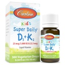 Carlson - Kid 's Super Daily D3 + K2, 25 mcg (1000 IE) D3 & 22,5 mcg K2, D-vitamin dråber med vitamin K2, flydende vitaminer, 1000 IE D-vitamin D3, hjerte & ben sundhed, 1- års forsyning, uden smag, 360 dråber