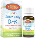 Carlson - Kid 's Super Daily D3 + K2, 25 mcg (1000 IE) D3 & 22,5 mcg K2, D-vitamin dråber med vitamin K2, flydende vitaminer, 1000 IE D-vitamin D3, hjerte & ben sundhed, 1- års forsyning, uden smag, 360 dråber