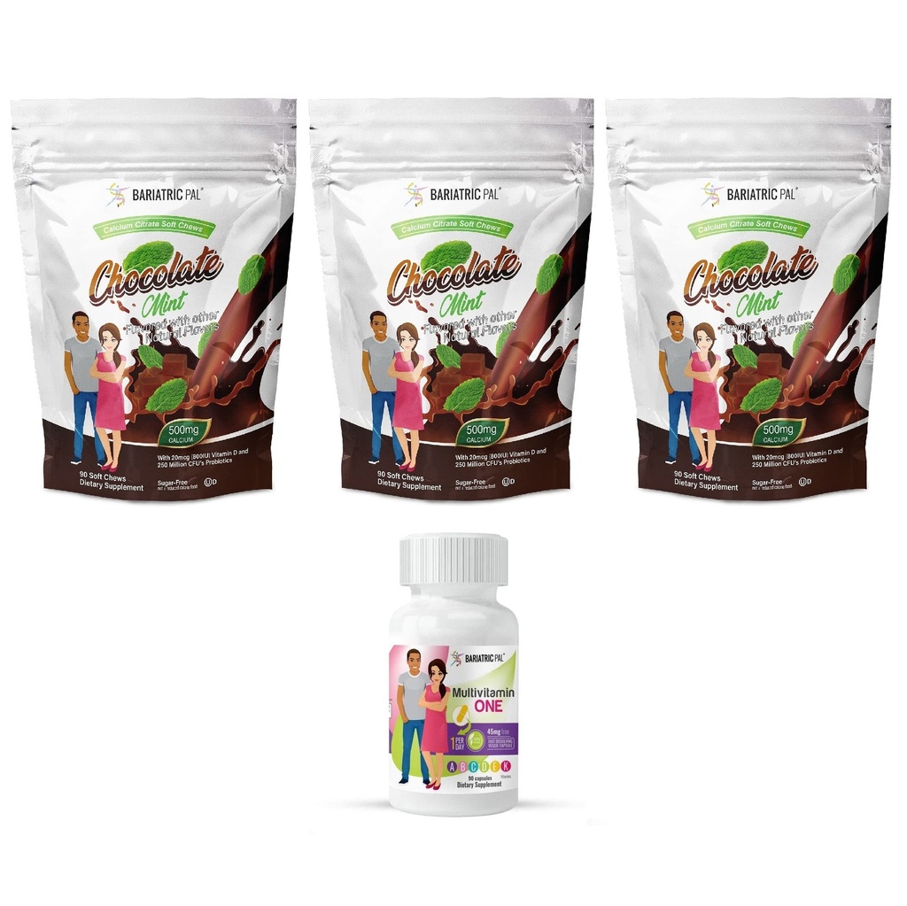 BariatricPal 90- Day Bariatric Vitamin Bundle (Multivitamin ON1 per dag! Kapsel med 45mg jern og calciumcitrat Soft Chews 500mg med Probiotika - Chokolade Mint)
