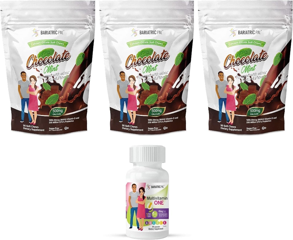 BariatricPal 90- Day Bariatric Vitamin Bundle (Multivitamin ON1 per dag! Kapsel med 45mg jern og calciumcitrat Soft Chews 500mg med Probiotika - Chokolade Mint)
