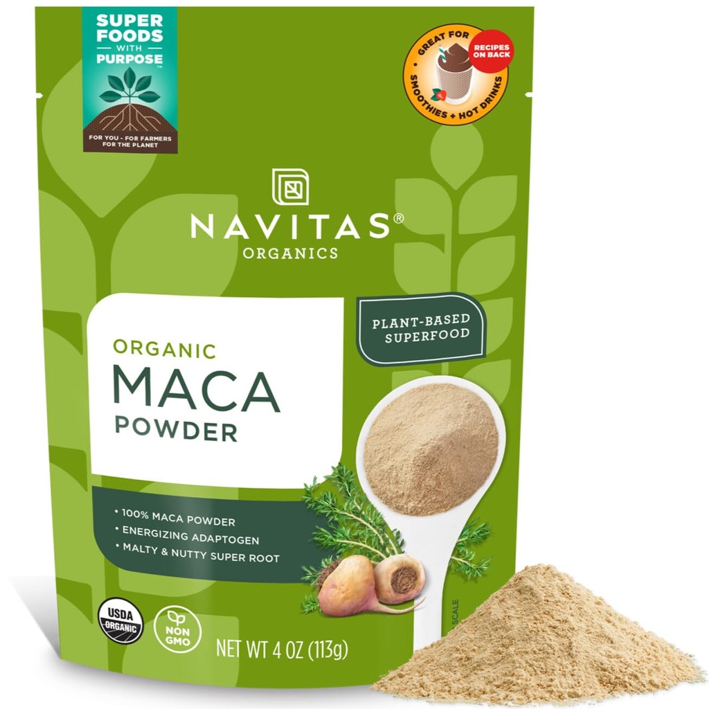 Navitas Organics Maca Powder - 100% Gelatinized Peruvian Maca for Adaptogen Smoothies, Lattes, Bagning & Mere - Energize & Balance - USDA Organic, Ikke GMO, Vegan, Gluten Free (4oz. Bag, 23 Servere)