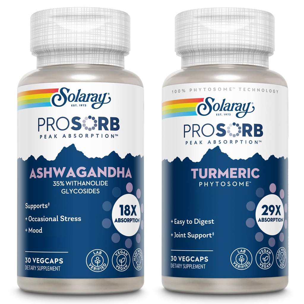 SOLARAY ProSorb Ashwagandha Supplements 18X Absorption and Turmeric Curcumin Supplements 29X Absorption, Occasional Stress, Mood, and Joint Health Support, Vegan, 60-Day Guarantee, 30 VegCaps