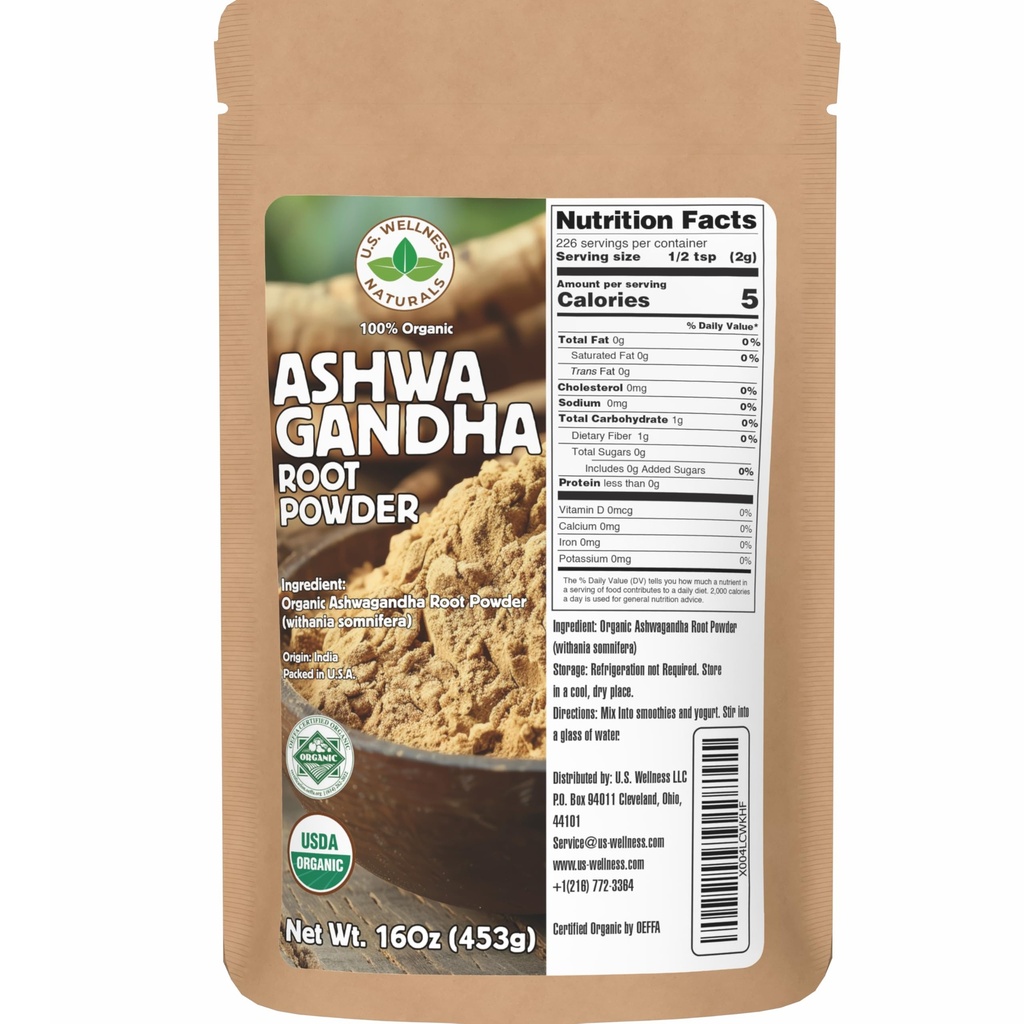 U.S. Wellness Naturals Organic Ashwagandha Root Powder | 1 Pound, No Filler, No Additives| Resealable Powder-Friendly Bag | Non-GMO | Indian Ginseng | Withania Somnifera| India Origin