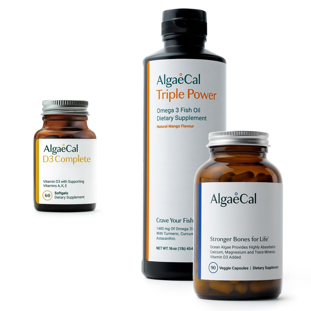 ALGAECAL Bundle - D3 (1000 IE) + K2, E-vitamin, A-vitamin (1000 IE) & Plant- baseret Calcium til knoglerum & Omega 3 med 1200mg EPA DHA
