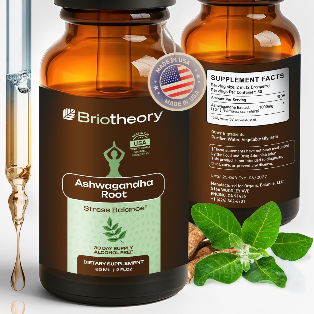 Ashwagandha Root Extract Tincture Liquid Drops – Herbal Supplement for Stress & Sleep Support, Alcohol-Free, Vegan, Non-GMO – 60 ml (30 Days Supply), Made in USA.