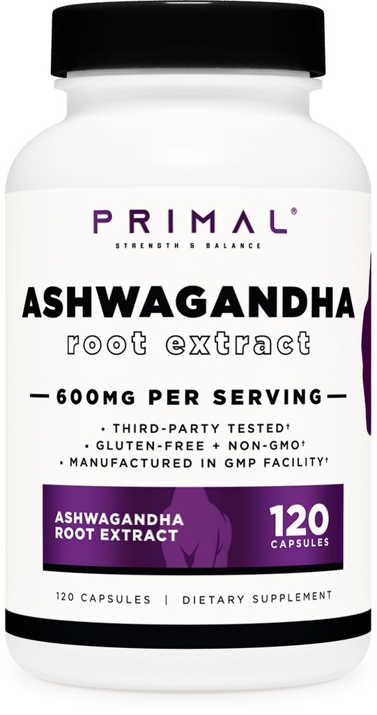 Primal Ashwagandha Root Extract 120 Capsules, 600mg per Serving - Gluten-Free, GMO-Free