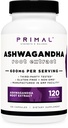 Primal Ashwagandha Root Extract 120 Capsules, 600mg per Serving - Gluten-Free, GMO-Free