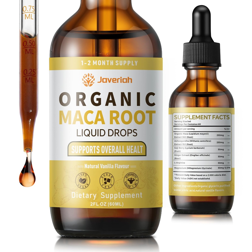 Organic Maca Root Liquid Drops with Ashwagandha,Goji Berry,Ginger,Magnesium and L-Arginine for Women and Men,Ashwagandha Maca Root Supplements Tincture 2 Fl Oz
