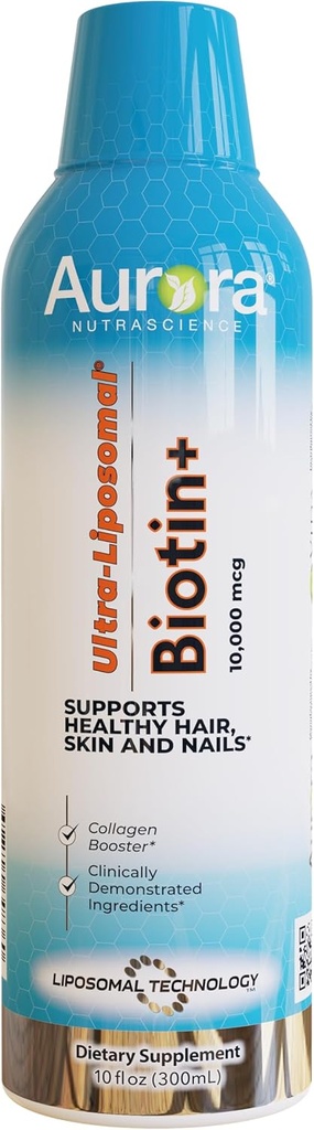 Aurora Nutrascience Ultra- Liposomal Biotin 10.000 mcg Collagen Booster supplement, understøtter sundt hår, hud & negle, Caramel Flavor, 30 Servere, 10 fl oz