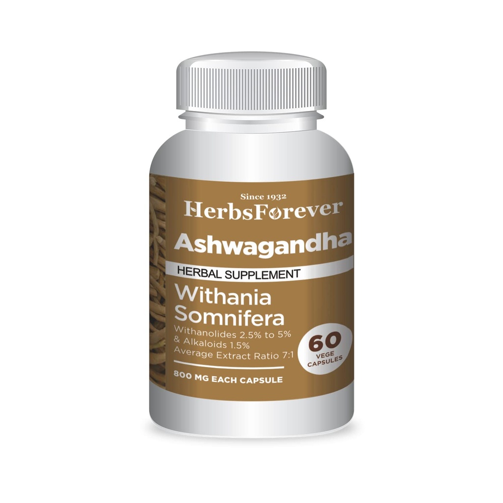 Herbsforever Ashwagandha Extra Strength 8:1 Extract, Equivalent to 5000 mg Root Powder, Supports Stress, Sleep, Energy & Cortisol Balance |2%-5% Withanoloids,1%-1.5% Alkaloids 60 vege Capsules 800mg