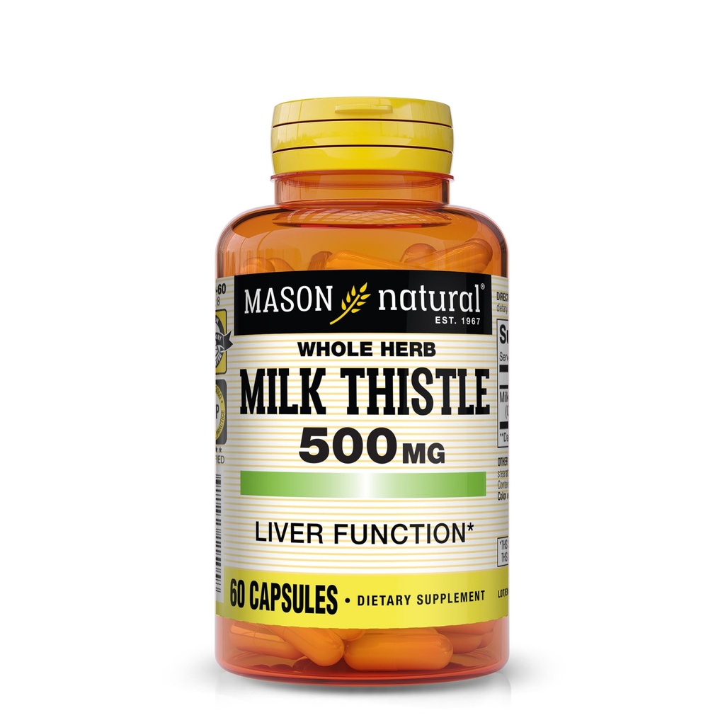 MASON NATURAL Milk Thistle 500 mg - Support Sund Leverfunktion, Rense og Detox, Herbal Kosttilskud, 60 kapsler