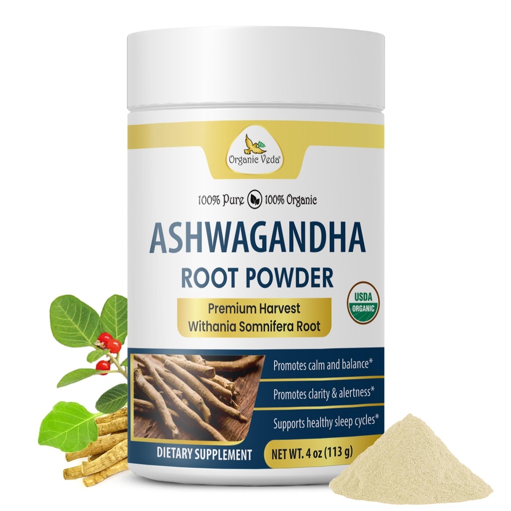 Organic Veda Ashwagandha Powder - High Strength Organic Ashwagandha Root Powder Supplement, Withania Somnifera - Sleep, Mood, Vitality, Stamina & Energy Support ashwagandha for Women & Men - 4 oz